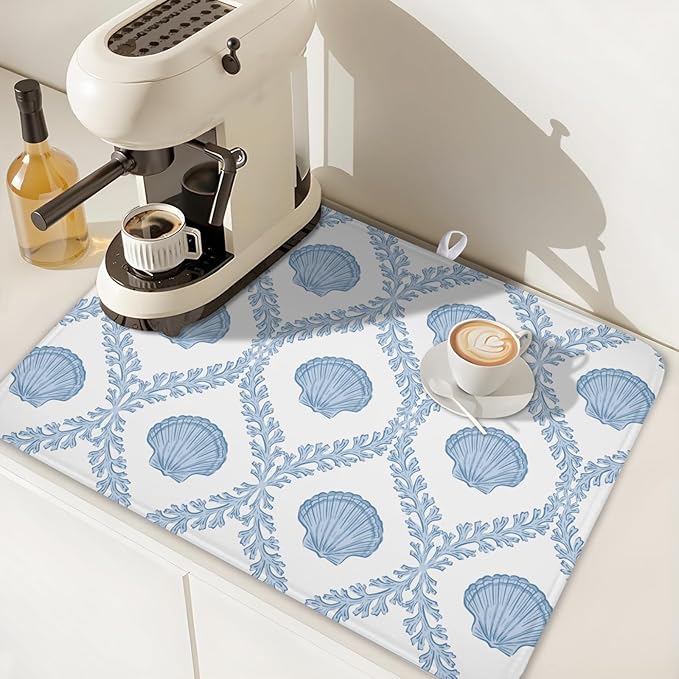Summer Sea Shell Drying Mat 24x18 Inch, Light Blue Drying Mat with Absorbent Reversible Microfiber, Coastal Dish Drainer Mats Holiday Ocean Rack Pad for Coffee Countertop Kitchen Protector