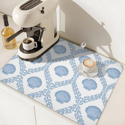 Summer Sea Shell Drying Mat 24x18 Inch, Light Blue Drying Mat with Absorbent Reversible Microfiber, Coastal Dish Drainer Mats Holiday Ocean Rack Pad for Coffee Countertop Kitchen Protector