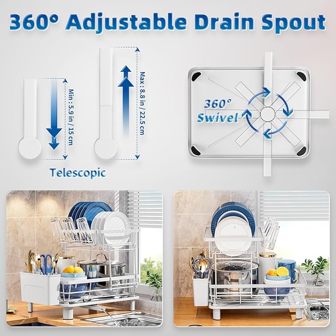 GAOKASE Dish Drying Rack, Stainless Steel-Dish Rack, Dish Racks for Kitchen Counter, Kitchen Dish Drainers with Removable Utensil Holder,New Drain Outlet,Plate Rack and Drainboard (White 3) - Image 3