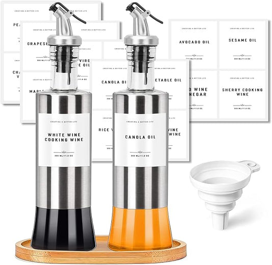 Olive Oil Dispenser Bottles for Kitchen with Bamboo Tray, Oil and Vinegar Dispenser Set, Stainless Steel Glass Dispensers for Kitchen, Dispenser Bottle of 300ml - Set of 2 by GIXSEGIE