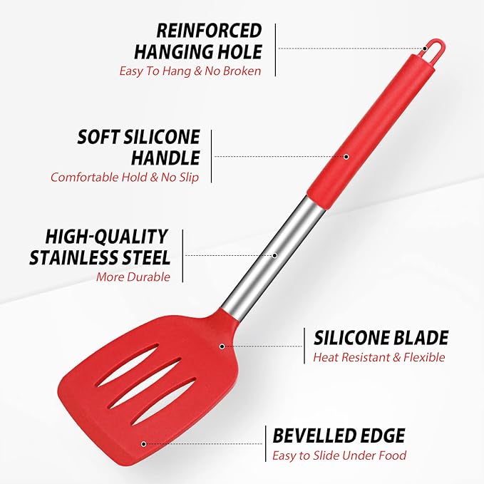 Pack of 4 Large Silicone Cooking Spatulas and Spoons, Slotted and Solid Stainless Steel Cooking Utensils Set, Non-stick Heat Resistant Kitchen for Baking, Fried, Stir-Fry, Mixing, Serving (Red) - Image 3
