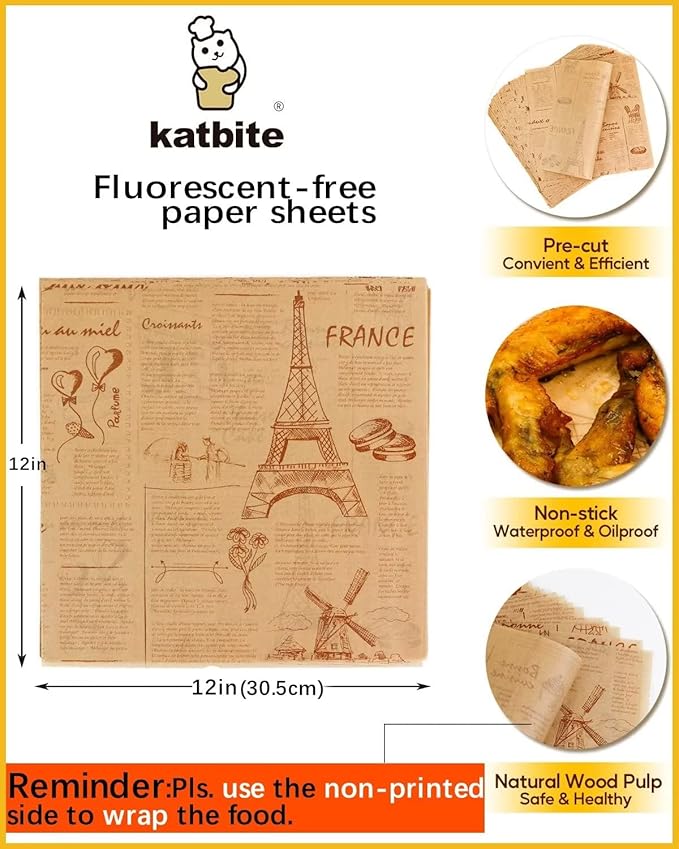 Katbite 100 Pcs Sandwich Wrapping Paper, 12x12 inch Food Basket Liners, Grease Proof & Non-stick Baking Parchment Paper - Image 2