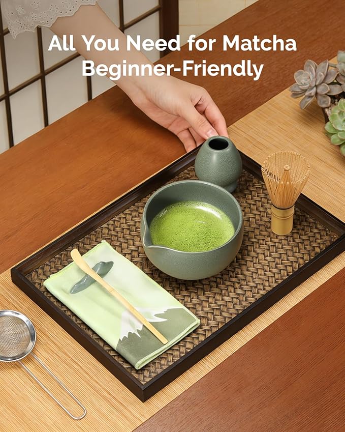 Maestri House Matcha Whisk Set, 7-Pc Complete Matcha Kit with Spouted Ceramic Bowl, Bamboo Whisk and Holder, Scoop, Spoon Rest & Sifter, Tea Cloth – Ideal Gift for Matcha Lovers (Moss-Green) - Image 6