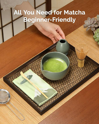 Maestri House Matcha Whisk Set, 7-Pc Complete Matcha Kit with Spouted Ceramic Bowl, Bamboo Whisk and Holder, Scoop, Spoon Rest & Sifter, Tea Cloth – Ideal Gift for Matcha Lovers (Moss-Green) - Image 6