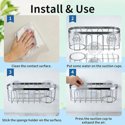2-in-1 Sponge Holder for Kitchen Sink, Sink Caddy Kitchen Sink Organizer with 3 Suction Cups, No Drill Rustproof Sink Sponge Holder for Dish Brush, Soap & Sponge (Gold)