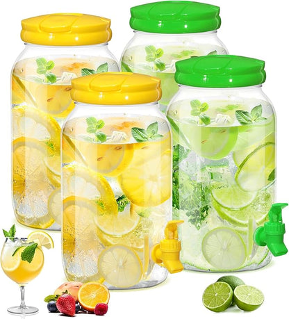 Uiifan 4 Pcs 1 Gallon Plastic Drink Dispenser for Parties Clear Plastic Beverage Dispenser Water jar with Spigot and Carrying Lid for Weddings Lemonade Juice Water Tea Beer, Yellow and Green