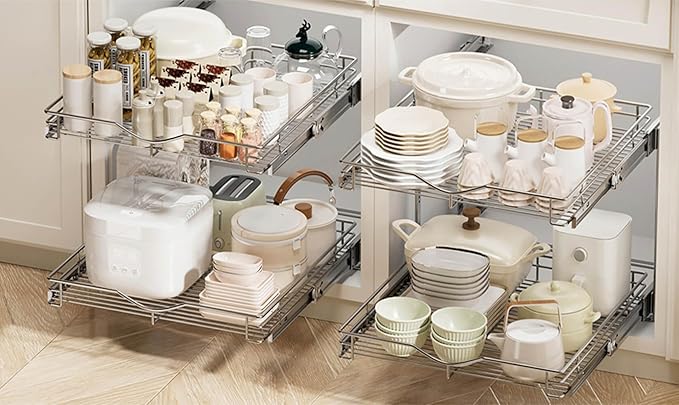 DINDON Pull Out Cabinet Organizer (14" W X 21" D), Cabinet Pull Out Shelves, 2 Tier Pull Out Drawers for Kitchen Cabinets, Wire Basket Slide Out Shelf for Cabinet Organization ​in Kitchen, Pantry - Image 5