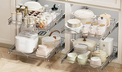 DINDON 2 Tier Pull Out Cabinet Organizer (20" W X 21" D), Double Tier Wire Basket Slide Out Shelf Storage for Kitchen Base Cabinet Organization ​for Kitchen, Pantry, Bathroom, Chrome - Image 8