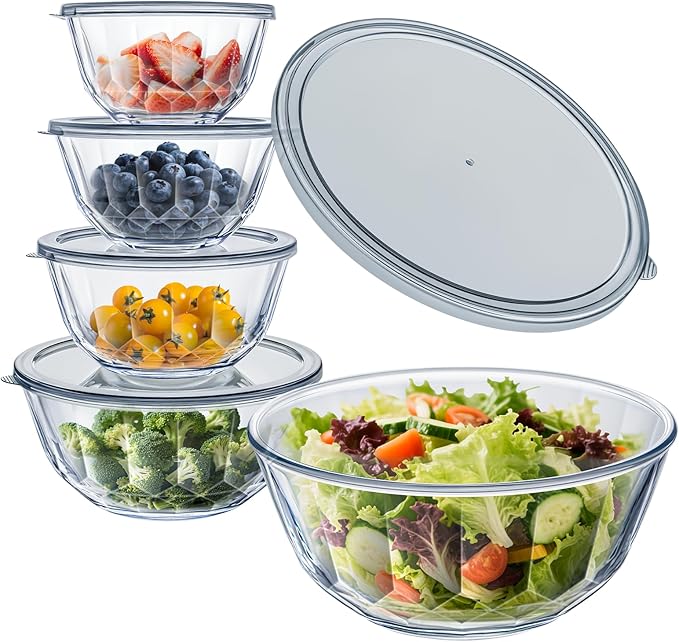 WhiteRhino Glass Mixing Bowls with Lids Set of 5（4.70QT,2.85QT, 1.69QT,1.11QT,0.85QT,Glass Bowls with Lids,Large Salad Bowls Space-Saving Nesting for Cooking,Baking,Prepping,Dishwasher Safe by WhiteRhino