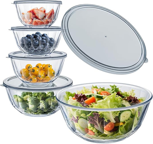 WhiteRhino Glass Mixing Bowls with Lids Set of 5（4.70QT,2.85QT, 1.69QT,1.11QT,0.85QT,Glass Bowls with Lids,Large Salad Bowls Space-Saving Nesting for Cooking,Baking,Prepping,Dishwasher Safe by WhiteRhino