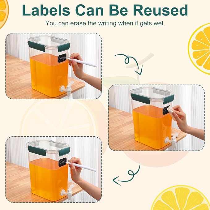 Mumufy 3 Set Plastic Drink Dispensers for Parties Beverage Dispenser for Fridge with Spigot Iced Juice Lemonade Container with Labels and Pens Summer Party Supplies(1.2 Gallon,Green) - Image 6