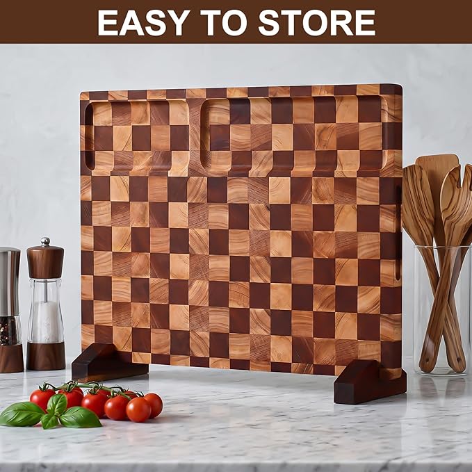 Checkered Cutting Board with Stand, Dual-Sided Wood Cutting Board with Juice Groove, 16.5x11.6 Inch Butcher Block Serving Tray, Chopping Board for Kitchen Gifts