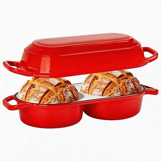 Mini Double Dutch Oven For Sourdough Bread Baking, 2.2QT Enameled Cast Iron Dutch Oven Pot With Lid, Non Stick Dual Round Bread Loaf Pan, 500°F Oven Safe, Sourdough Baking Pan For Homemade Baking