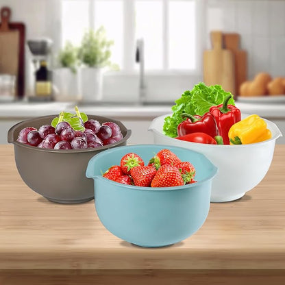 Set of 3 Mixing Bowls with Pour Spout-Nesting Design Saves Space - Non-Slip, BPA Free, Dishwasher Safe Plastic - Kitchen Cooking and Baking Supplies (Blue Grey white) - Image 9