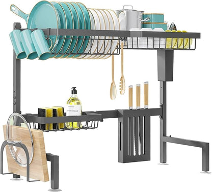 Sakugi Over The Sink Dish Drying Rack - Adjustable 2 Tier Large Capacity Stainless Steel Drainer with Cutlery & Utensil Holders, Kitchen Storage & Organization, 30"-33.9" L x 11" W x 21.5" H, Gray - Image 4