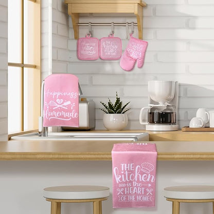 Sratte 6 Pcs Kitchen Decor Accessories Set Farmhouse Towels Pot Holders Oven Mitts Set 2 Dish Towels 2 Potholders 2 Cooking Mittens Oven Glove for Christmas Baking Cooking Supply(Pink,Kitchen) - Image 7