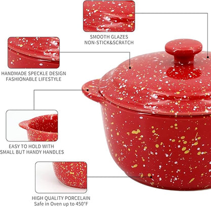 4-Pack 10 Oz Ceramic Mini Cocotte Set with Lids & Handles, Oven-Safe Stoneware Ramekins for Soufflé, Soup, Cobbler, Individual Baking & Serving,Red