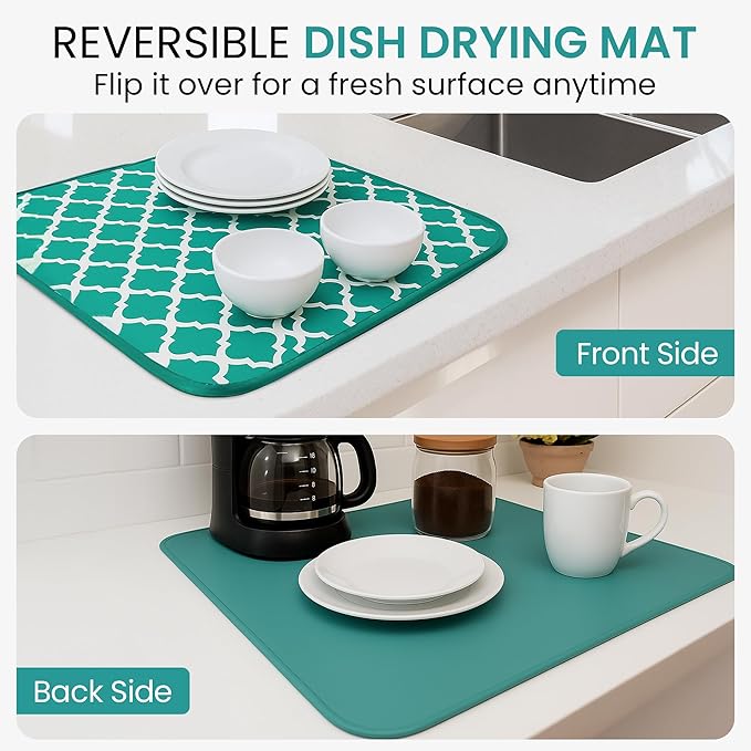 Dish Drying Mat - Microfiber Kitchen Counter Mat, Super Absorbent & Quick Dry Dish Drying Pad for Dishes, Utensils, Pots & Pans - Large Reversible Drying Mat for Kitchen Countertops, Coffee Bar, Green - Image 3