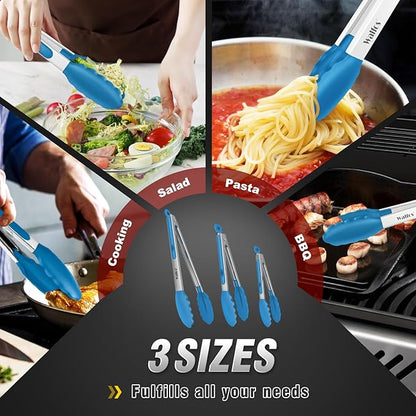 Walfos Kitchen Tongs - 7" 9" and 12" Heat Resistant Food tongs, Thickened Stainless Steel and BPA Free Silicone Tips, Great for Cooking, Grilling, Turning, Dishwasher safe(3 blue silicone tongs) - Image 7