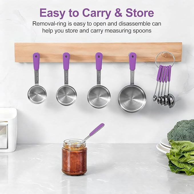 Bopei Measuring Cups and Spoons Set Stainless Steel 10 Piece for Cooking and Baking (5 Cups + 5 Spoons, Purple Handle) - Image 5