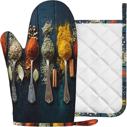 Various Herbs and Spices Oven Mitts and Pot Holders Sets Non-Slip Silicone Surface for BBQ Gloves,Kitchen,Cooking,Baking,Grilling