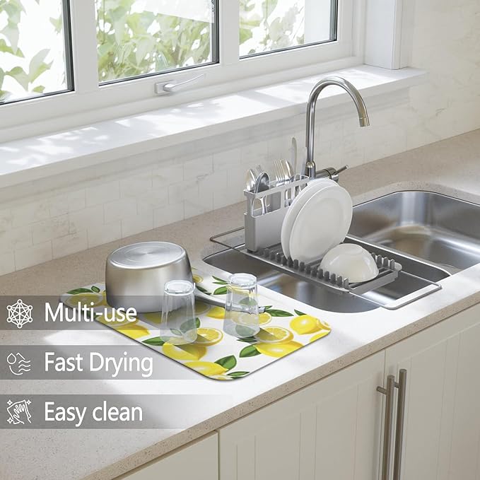 Dish Drying Mat for Kitchen Counter 2 Pack with Non-Slip Rubber Backing - Heat-Resistant Absorbent Coffee Bar Mat, Dish Rack Mat, Lemon Dish Drying Mats 18x24+19.5x12 inch