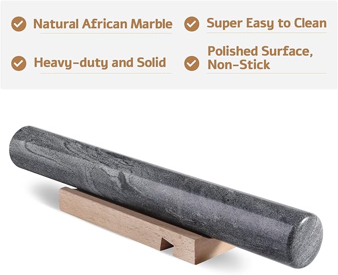 Koville African Natural Marble French Rolling Pin, 12inch Non-Stick Rolling Pin for Baking, Dough Roller for Pasta, Dumpling, Fondant, Pie, Bread, Pizza, Kitchen Baking Tools(Monte Grigio) - Image 3