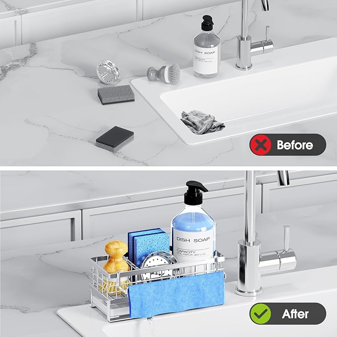 Kitchen Sink Sponge Holder - Self-Draining, Detachable Dish Cloth Holder, Rustproof Kitchen Countertop Organizer (Stainless Steel) - Image 7