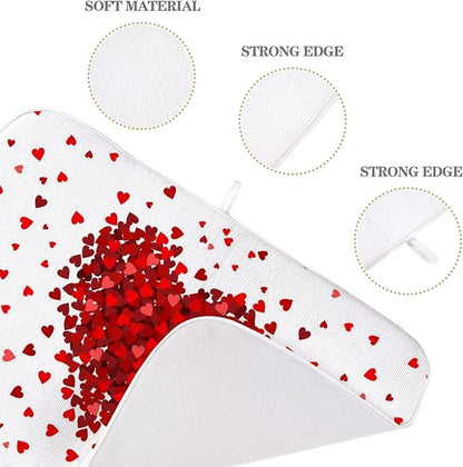 Valentines Day Dish Drying Mat 18 x 24 inch Red Hearts Decorative Drying Mats Microfiber Absorbent Love Heart Dish Washable Draining Mat for Kitchen Counter Decor