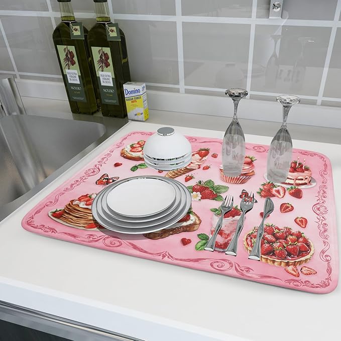 Strawberry Dish Drying Rack Mat Pink Absorbent Microfiber Dish Drying Mat for Kitchen Counter 18x24 In - Image 6