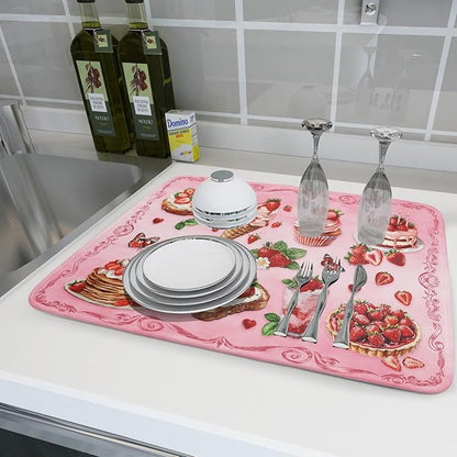 Strawberry Dish Drying Rack Mat Pink Absorbent Microfiber Dish Drying Mat for Kitchen Counter 18x24 In - Image 6