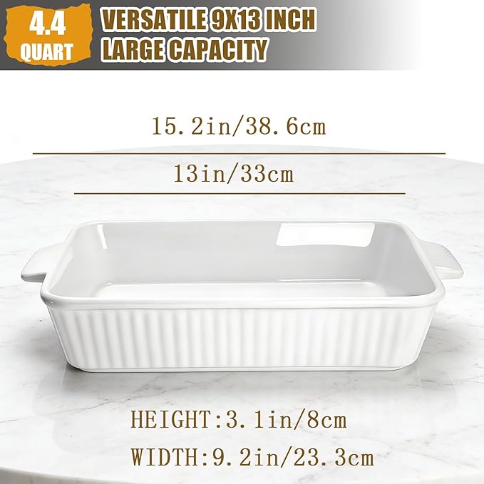Casserole Dish, 9x13 Baking Pan, 4.4QT Large Casserole Dishes for Oven, Ceramic 9x13 Baking Dish with Handles, Oven Safe and Durable Baking Dishes for Lasagna, Baking Cake, Kitchen(Soft White)