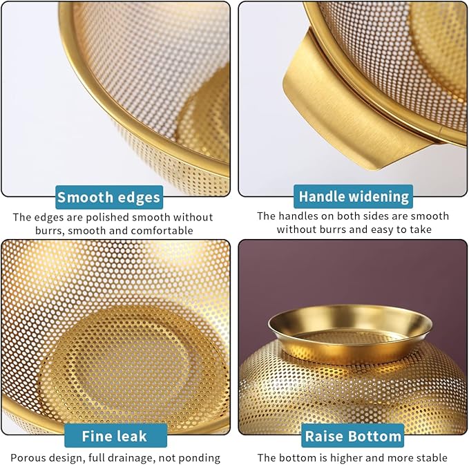 Kyraton Gold Colander 5 Quart, Professional Titanium Gold Plating Stainless Steel Strainer with Heavy Duty Handles and Self Draining Solid Ring Base, Easy Clean and Dishwasher Safe