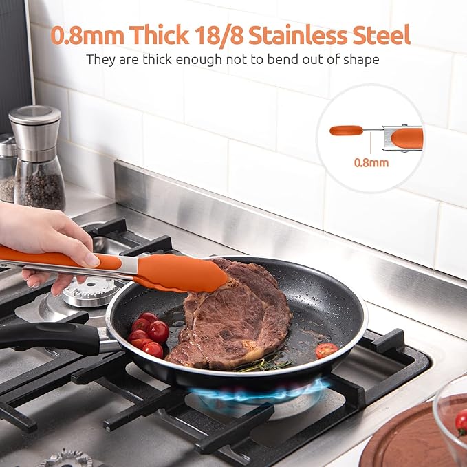600ºF Heat Resistant Kitchen Tongs: U-Taste 9 inch Silicone Cooking Tong with Firm Sealed Non Stick Rubber Tips & Silicon Coated 18/8 Stainless Steel Handle & Smooth Locking for Serving Grill (Orange) - Image 5