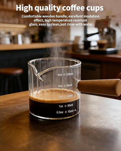 Espresso Measuring Cup 4 Oz, Espresso Glass Cups with Wood Handle, Milk Frothing Cup, Espresso Cup for Coffee, Milk, Tea or Maple Syrup Serving (Transparent, 4 oz)