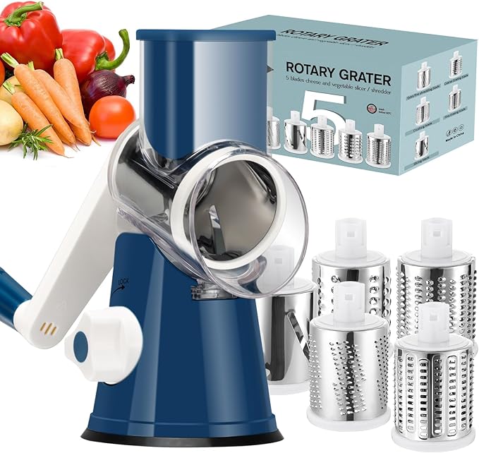 Ourokhome Rotary Cheese Grater Hand Crank, Kitchen Shredder Speed Mandolin Slicer Ice Shaver with Handle and Drum Blades for Cheese, Vegetable, Nuts, Chocolate, Potato, Carrot, 5 Blades, Dark Blue by Ourokhome