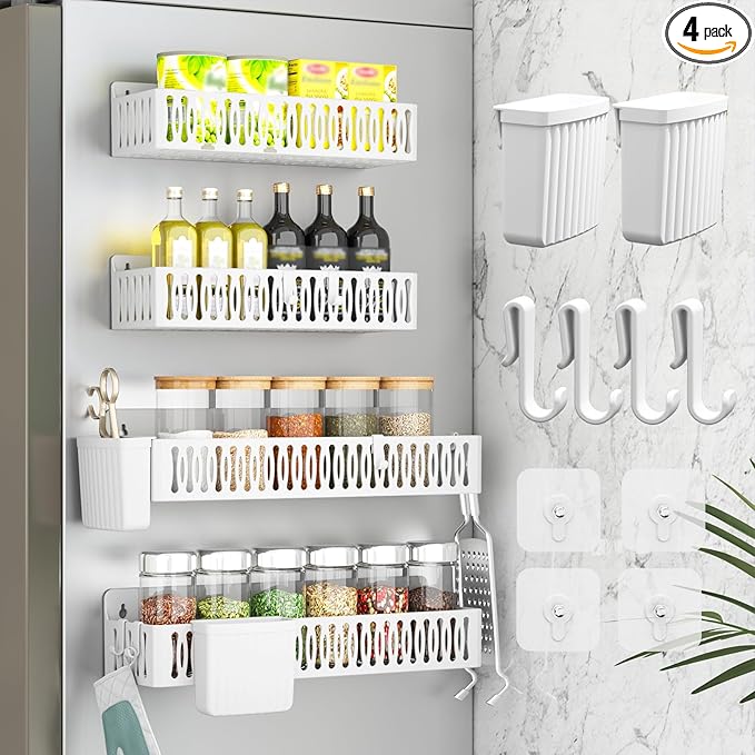 Sevenblue 4 Pack Large Magnetic Spice Rack for Refrigerator, Spice Rack Organizer, Moveable Magnetic Shelf Fridge Organizer with 4 Hooks for Kitchen and Oven Organization, White by Sevenblue