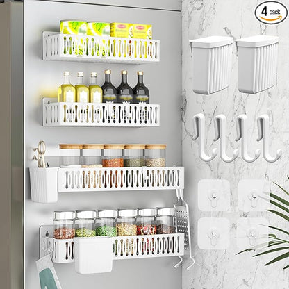 Sevenblue 4 Pack Large Magnetic Spice Rack for Refrigerator, Spice Rack Organizer, Moveable Magnetic Shelf Fridge Organizer with 4 Hooks for Kitchen and Oven Organization, White by Sevenblue