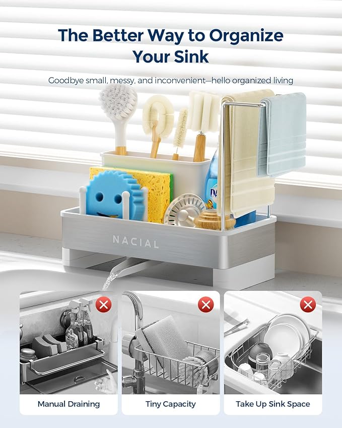 Nacial Sponge Holder for Kitchen Sink, Sink Caddy Organizer with High Brush Holder & Two Towel Racks - Rustproof 304 Stainless Steel Kitchen Countertop Storage Essentials - White - Image 6