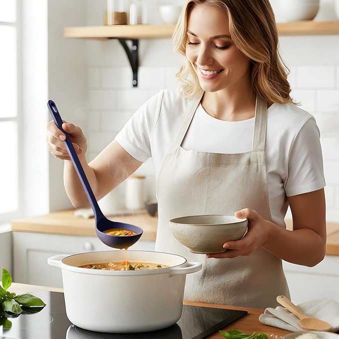 Silicone Spaghetti Spoon&Soup Ladle Cooking Utensils Set of 2,No Scratch for Nonstick Cookware,BPA Free, 450℉ Heat Resistant (BLUE) - Image 2
