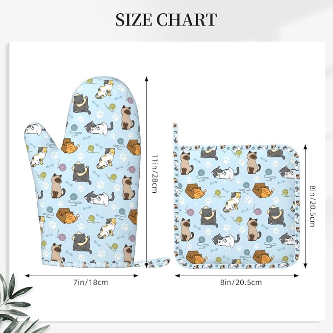 Cute Cat Oven Mitts and Pot Holders Set - Heat Resistant & Non-Slip Silicone Kitchen Gloves for Cooking, Baking, Grilling, BBQ - Fun Kitchen Accessories