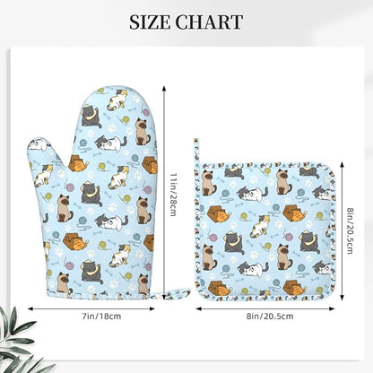 Cute Cat Oven Mitts and Pot Holders Set - Heat Resistant & Non-Slip Silicone Kitchen Gloves for Cooking, Baking, Grilling, BBQ - Fun Kitchen Accessories