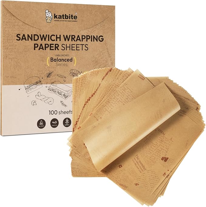 Katbite 100Pcs 12 In Food Wrapping Paper, New Pattern Heavy duty Deli Paper, Greaseproof & Non-stick Parchment Paper, Pre-cut Unbleached Parchment Paper is Perfect for Wrap Bread, Burger and Sandwich by katbite