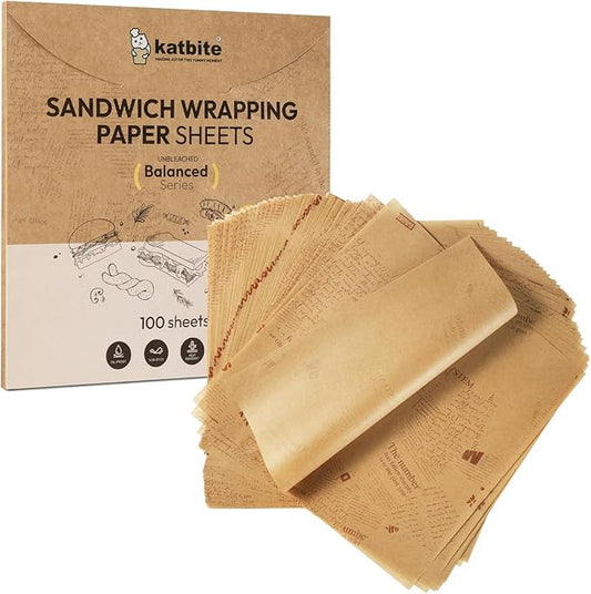 Katbite 100Pcs 12 In Food Wrapping Paper, New Pattern Heavy duty Deli Paper, Greaseproof & Non-stick Parchment Paper, Pre-cut Unbleached Parchment Paper is Perfect for Wrap Bread, Burger and Sandwich by katbite