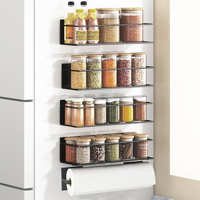 Magnetic Spice Rack For Refrigerator, Magnetic Fridge Shelf For Kitchen, Magnetic Shelf For Fridge Space Saving Black 4 Pack With Magnetic Paper Towel Holder by Roysili
