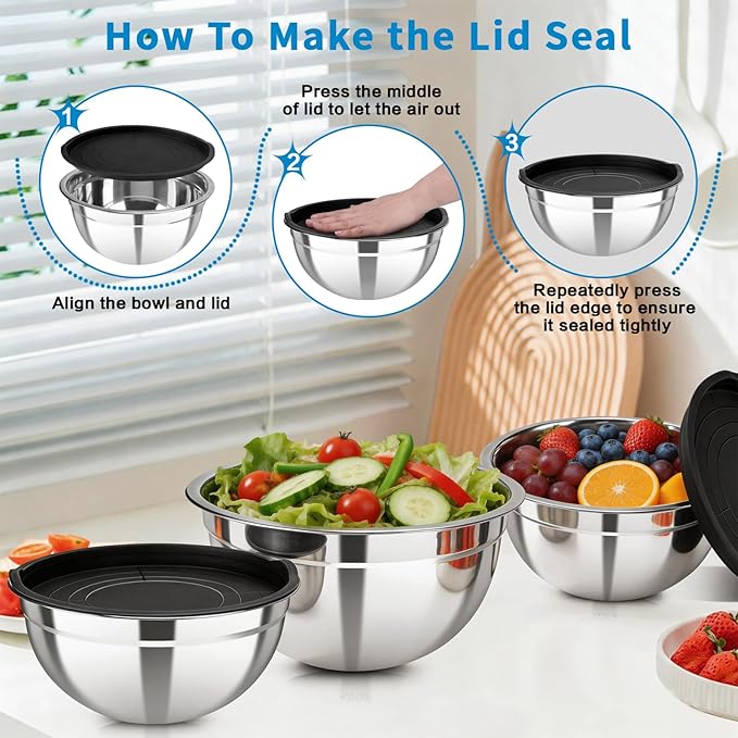 7-Piece Mixing Bowls with Airtight Lids — Stackable Stainless Steel Nesting Bowls, 7 Sizes (0.7Qt–4.5Qt), Space Saving for Kitchen, Dishwasher Safe & BPA-Free