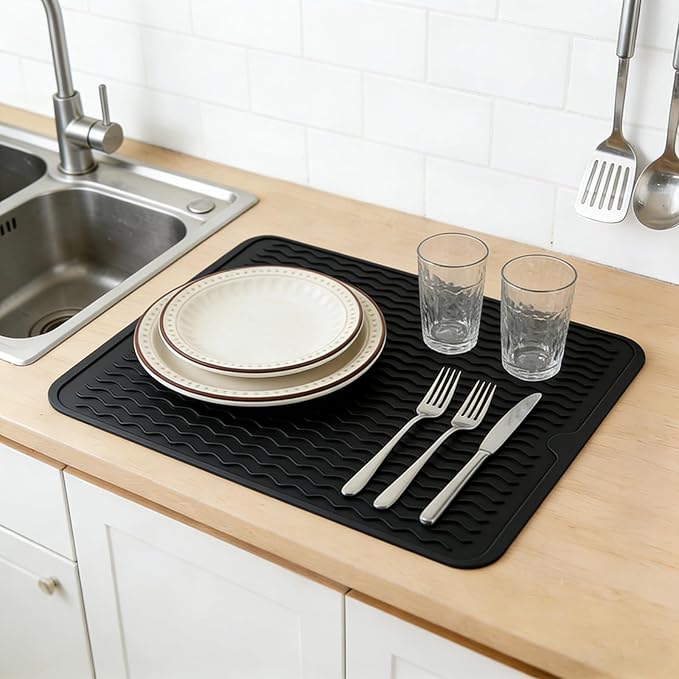 Silicone Dish Drying Mat for Kitchen Counter Eco-Friendly Fast Dry Dish Mat Easy Clean Multi Usage Drying Matt Heat Resistant Trivet Fits Under Rack, Black 12" x 16"