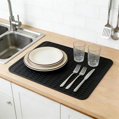 Silicone Dish Drying Mat for Kitchen Counter Eco-Friendly Fast Dry Dish Mat Easy Clean Multi Usage Drying Matt Heat Resistant Trivet Fits Under Rack, Black 12" x 16"