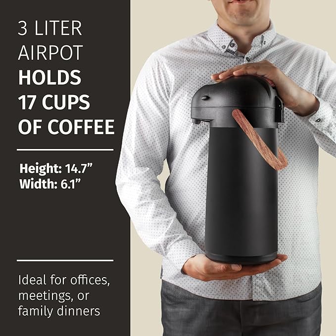 Thermal Coffee Carafe 102Oz w/Wood Trim, Keeps Coffee Hot for 12Hrs & Cold for 36Hrs-Premium Stainless Steel Carafe for Hot Liquids, Easy One-Handed Dispensing for Office, Home, Party, Durable Airpot - Image 7