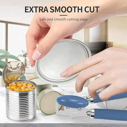 Safring Can Opener Manual, Heavy Duty Stainless Steel Smooth Edge Can Opener With Soft Touch Handle, Oversized Handheld Easy Turn Knob, Multi-Function Bottle Opener, Blue